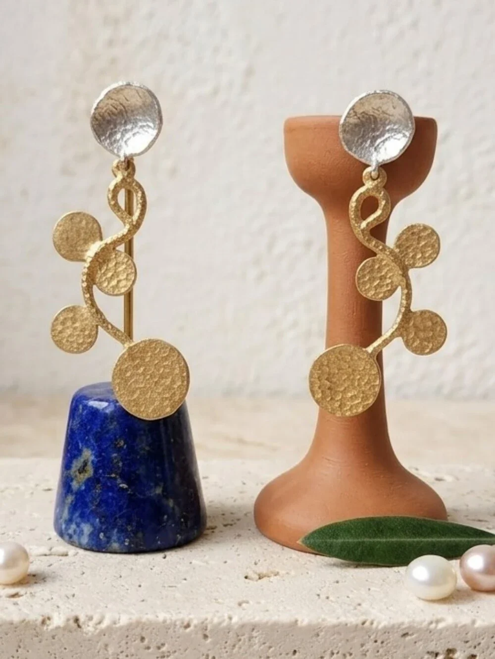 18K Gold Plated Brass Turkish Two Tone Hammered Vine Drop Earrings 3